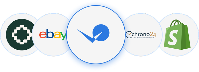 Integration partner logos: Bezel, eBay, Elefta, Chrono24, Shopify