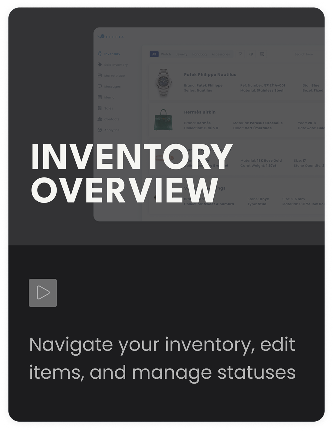 Inventory Overview — Navigate your inventory, edit items, and manage statuses (mobile)