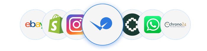 Integration partner logos: eBay, Shopify, Instagram, Elefta, WhatsApp, Bezel, Chrono24