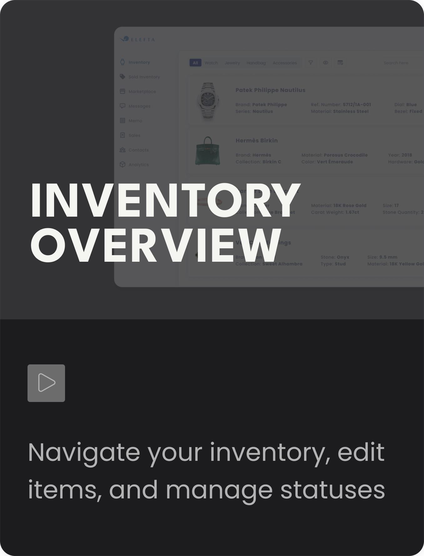 Inventory Overview — Navigate your inventory, edit items, and manage statuses